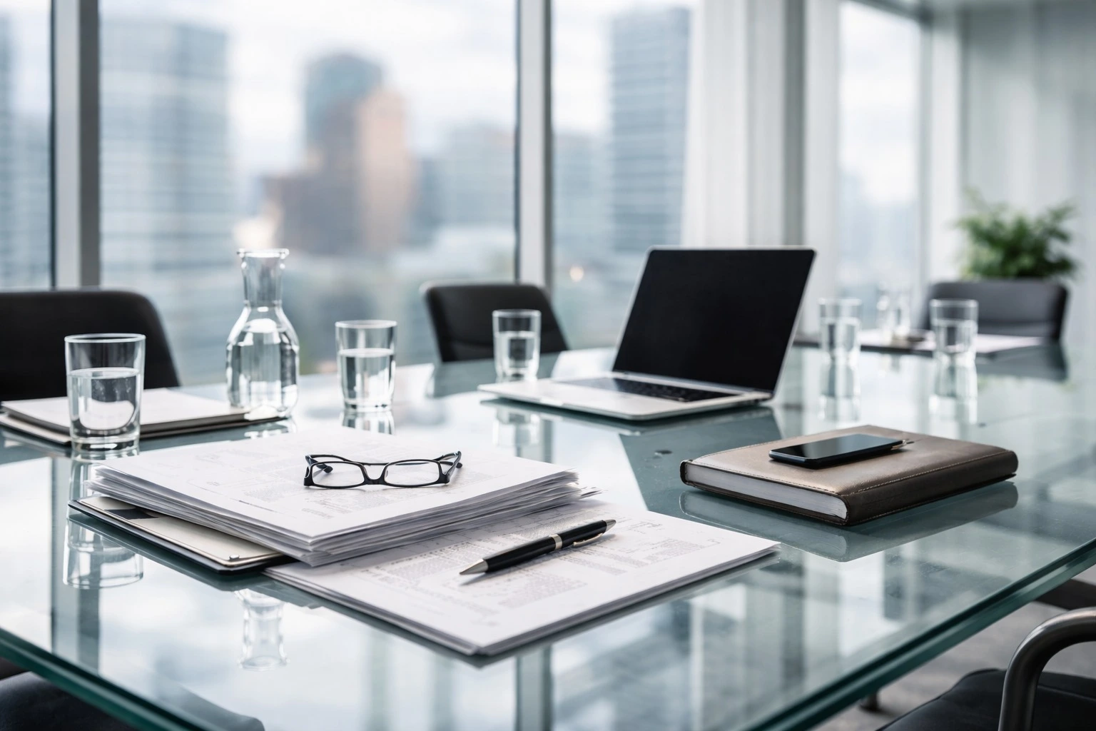 Modern glass conference setting reflecting clarity, professionalism, and structured advisory work