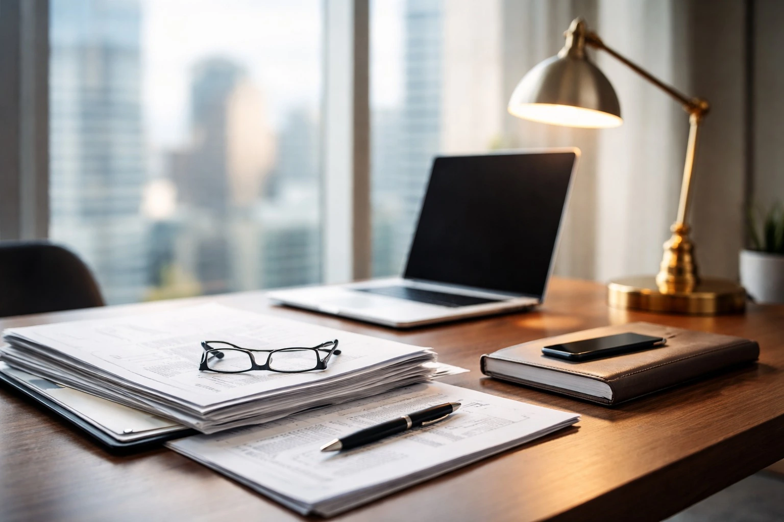 Professional advisory workspace with documents, laptop, and desk lamp